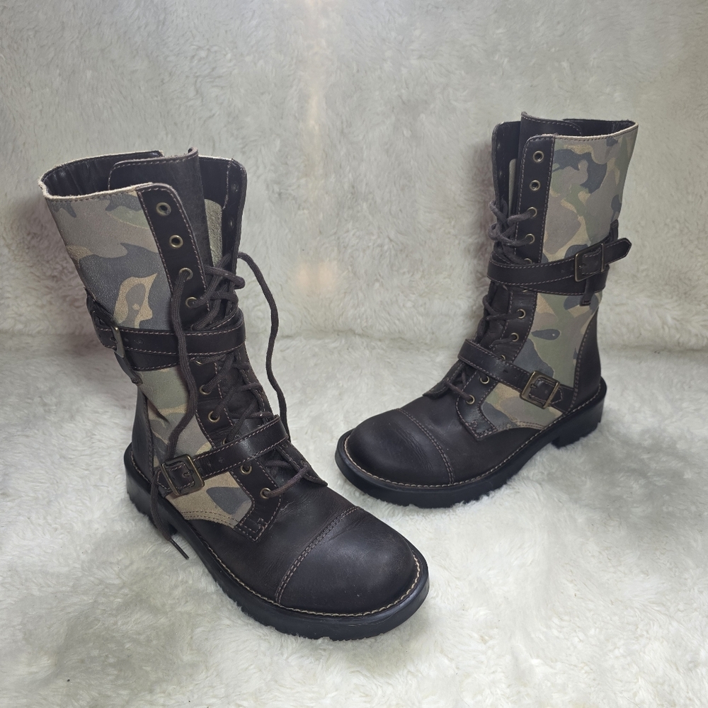 MIA Camo Leather Combat Boots Cap Toe Buckle Moto Grunge Festival Women 6.5M